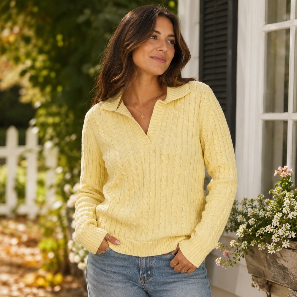 LL Bean Womens Yellow Cable Knit Cotton V-Neck Collared Sweater Size L 273472
